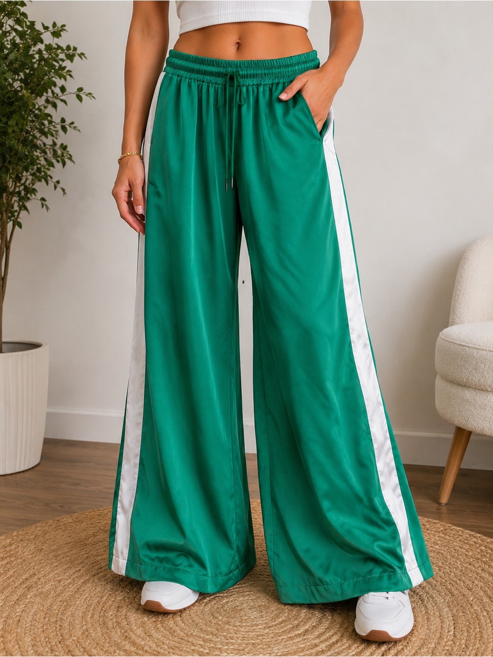 Emerald Green Satin Wide Leg Track Pants Women’s Size M